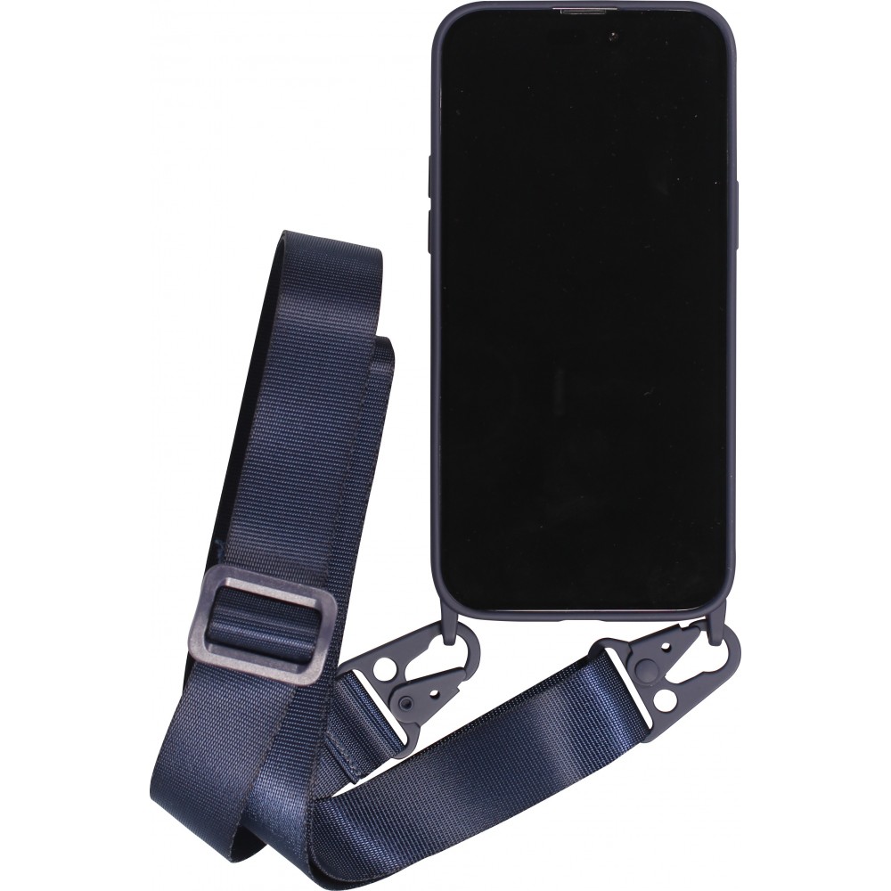 iPhone 14 Pro Case Hülle - Silikon matt mit Trageschlaufe und Metall Karabiner - Midnight Blue