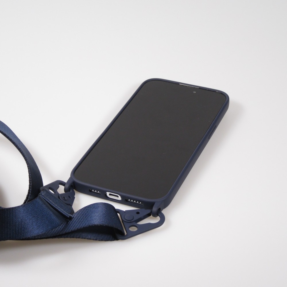 Coque iPhone 14 Pro - Silicone mat avec lanière et mousqueton en fer - Midnight Blue