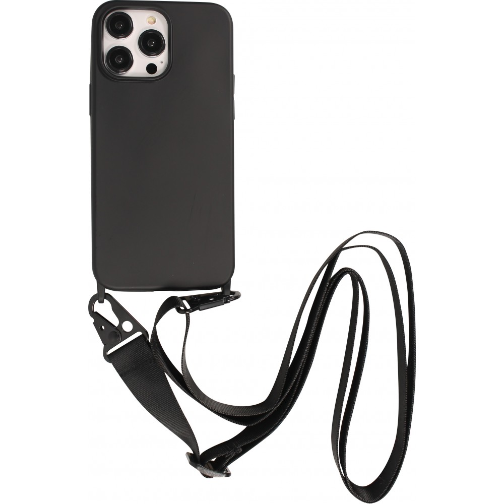 Coque iPhone 14 Pro Max - Silicone mat avec lanière et mousqueton en fer - Noir