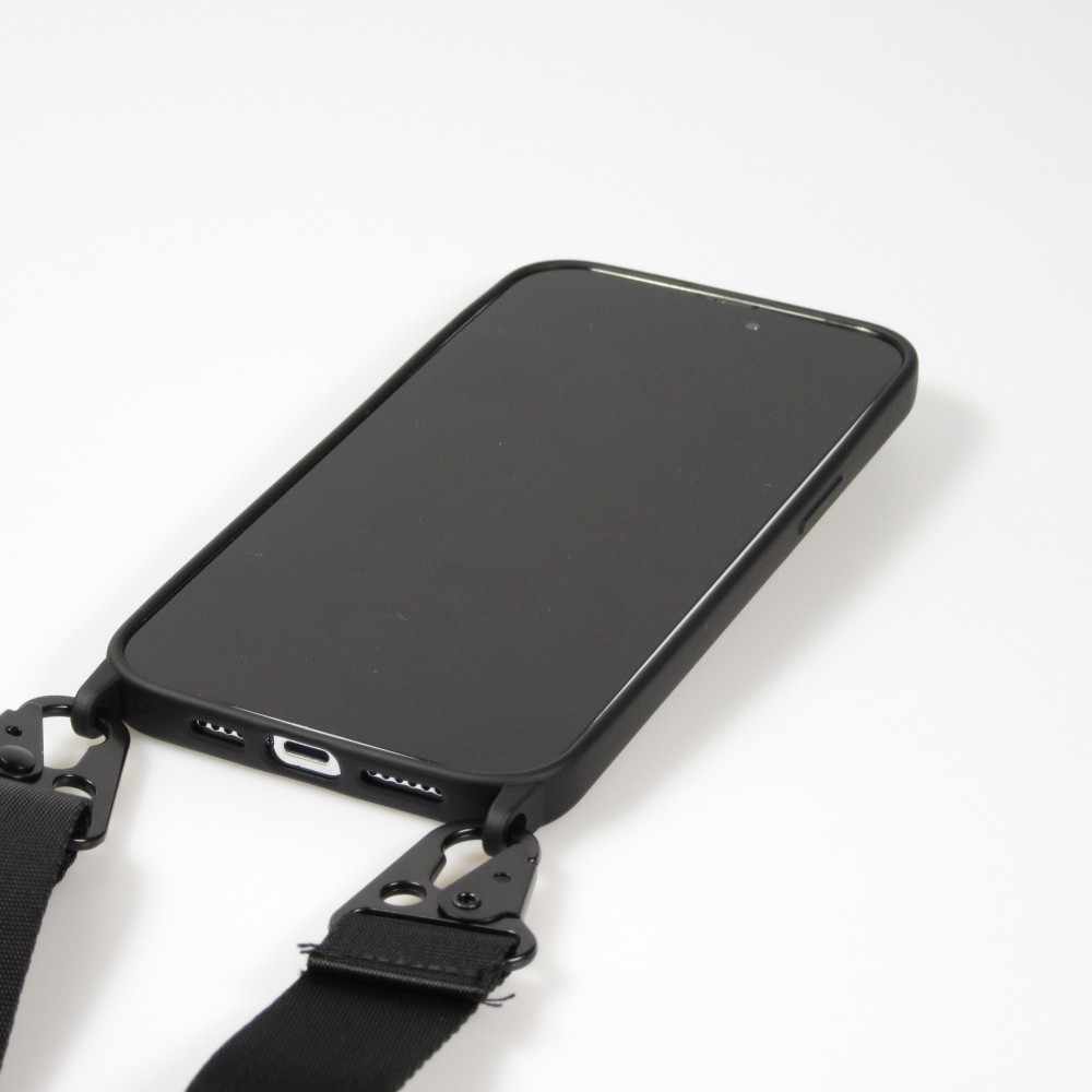 iPhone 14 Pro Max Case Hülle - Silikon matt mit Trageschlaufe und Metall Karabiner - Schwarz