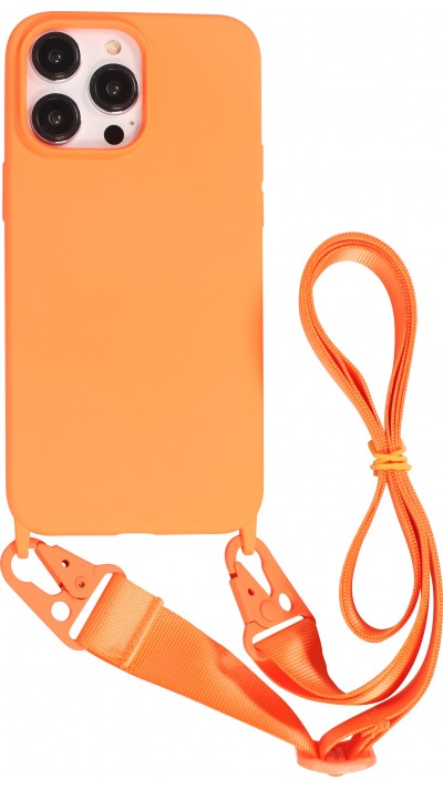 Coque iPhone 14 Pro - Silicone mat avec lanière et mousqueton en fer - Orange