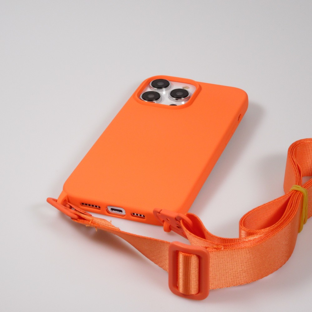 iPhone 14 Pro Case Hülle - Silikon matt mit Trageschlaufe und Metall Karabiner - Orange