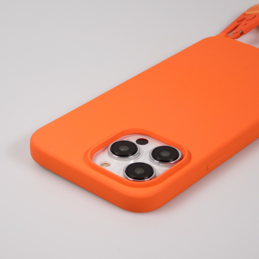 iPhone 14 Pro Case Hülle - Silikon matt mit Trageschlaufe und Metall Karabiner - Orange