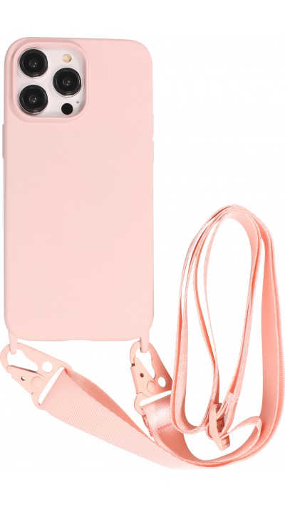 Coque iPhone 14 Pro - Silicone mat avec lanière et mousqueton en fer - Rose
