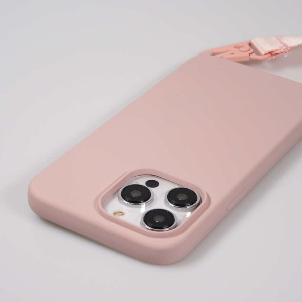 iPhone 14 Pro Max Case Hülle - Silikon matt mit Trageschlaufe und Metall Karabiner - Rosa