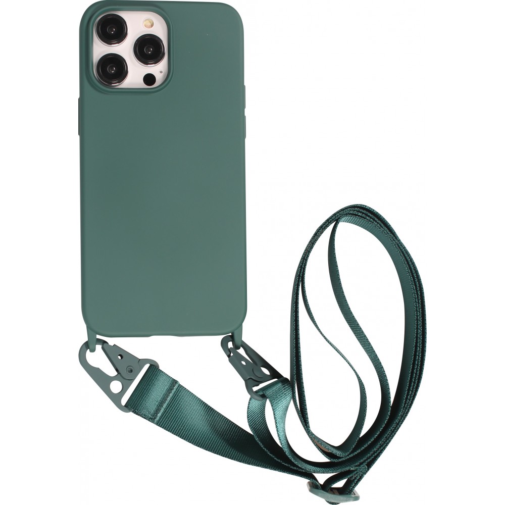 Coque iPhone 14 Pro Max - Silicone mat avec lanière et mousqueton en fer - Vert foncé