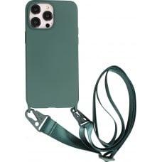 Coque iPhone 14 Pro Max - Silicone mat avec lanière et mousqueton en fer - Vert foncé