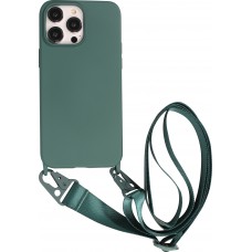 iPhone 14 Pro Max Case Hülle - Silikon matt mit Trageschlaufe und Metall Karabiner - Dunkelgrün