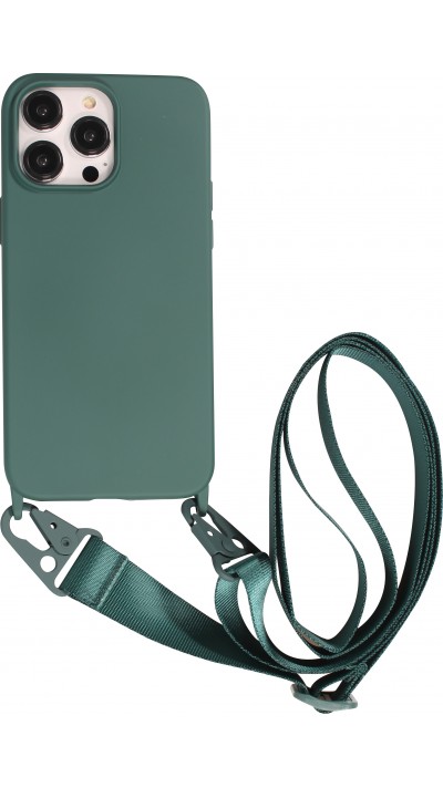 Coque iPhone 14 Pro - Silicone mat avec lanière et mousqueton en fer - Vert foncé