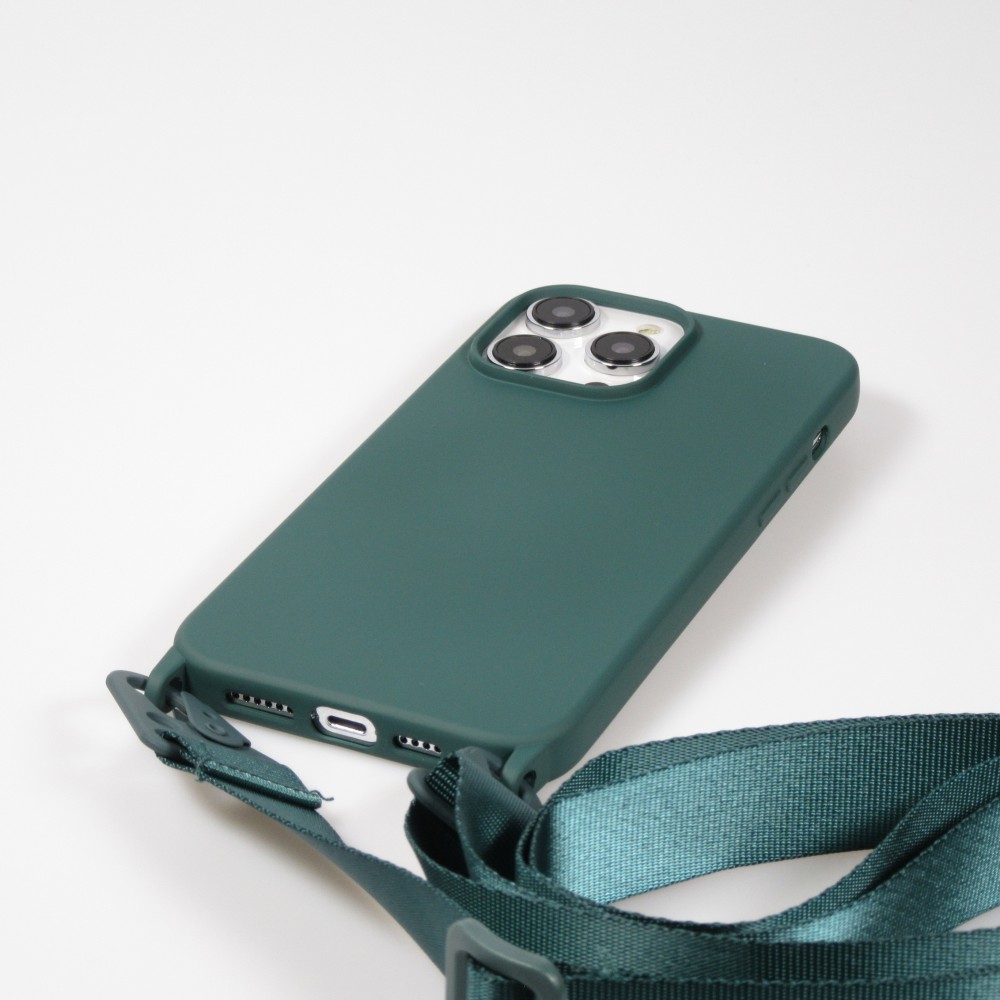 Coque iPhone 14 Pro Max - Silicone mat avec lanière et mousqueton en fer - Vert foncé