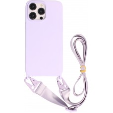 Coque iPhone 14 Pro Max - Silicone mat avec lanière et mousqueton en fer - Violet clair
