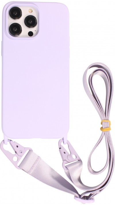 Coque iPhone 14 Pro - Silicone mat avec lanière et mousqueton en fer - Violet clair