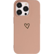 Coque iPhone 14 Pro - Silicone mat dessin cœur doré - Brun