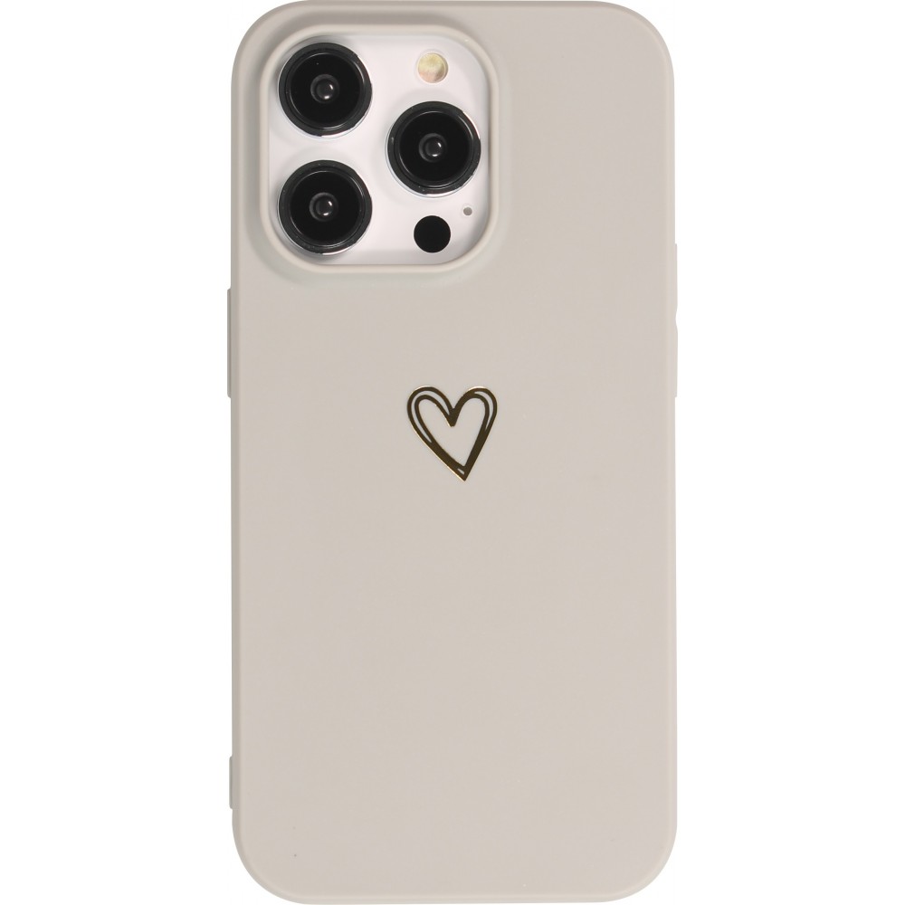 iPhone 14 Pro Case Hülle - Silikon matt Herzdesign gold - Grau
