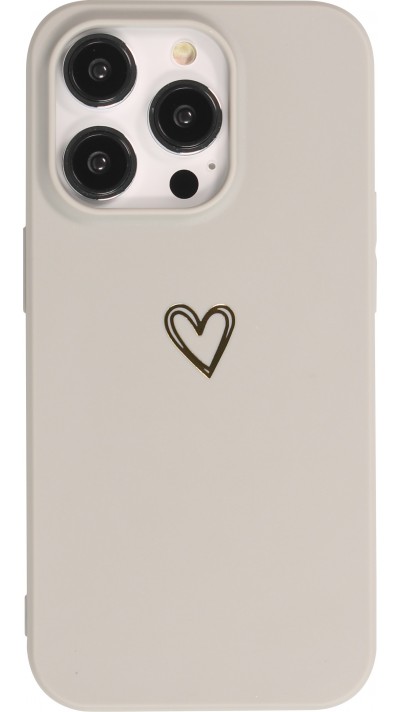Coque iPhone 15 Pro - Silicone mat dessin cœur doré - Gris