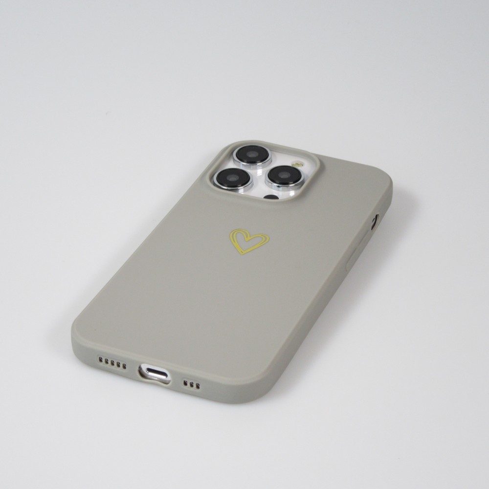 iPhone 14 Pro Case Hülle - Silikon matt Herzdesign gold - Grau