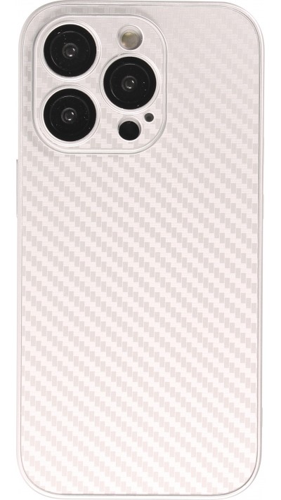 Coque iPhone 14 Pro Max - Silicone rigide look fibre de carbone + protection caméra - Argent