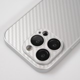 Coque iPhone 14 Pro Max - Silicone rigide look fibre de carbone + protection caméra - Argent