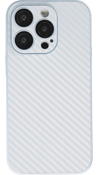 Coque iPhone 14 Pro Max - Silicone rigide look fibre de carbone + protection caméra - Bleu clair