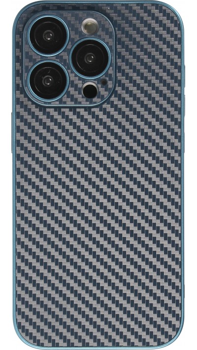 Coque iPhone 14 Pro - Silicone rigide look fibre de carbone + protection caméra - Bleu foncé
