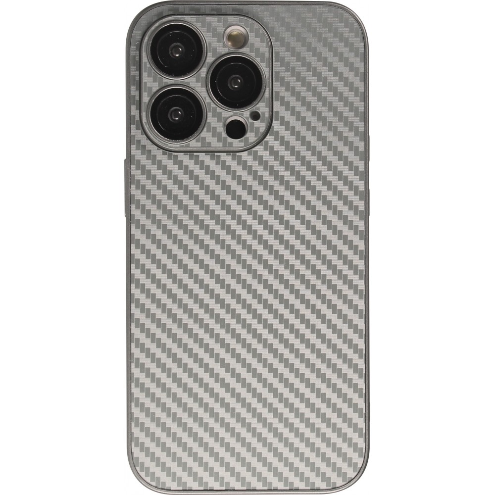 iPhone 14 Pro Max Case Hülle - Straffes Silikon mit Karbon Look + Kameraschutz - Grau