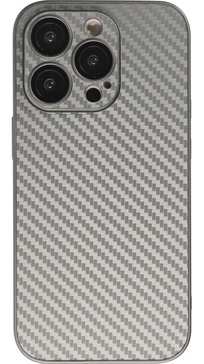 Coque iPhone 14 Pro Max - Silicone rigide look fibre de carbone + protection caméra - Gris