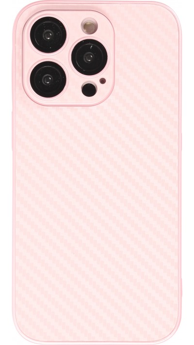 Coque iPhone 14 Pro Max - Silicone rigide look fibre de carbone + protection caméra - Rose