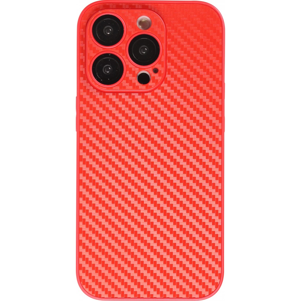 Coque iPhone 14 Pro Max - Silicone rigide look fibre de carbone + protection caméra - Rouge