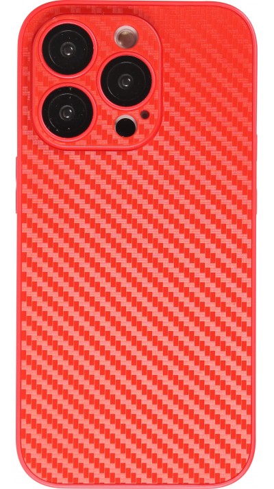 Coque iPhone 14 Pro - Silicone rigide look fibre de carbone + protection caméra - Rouge