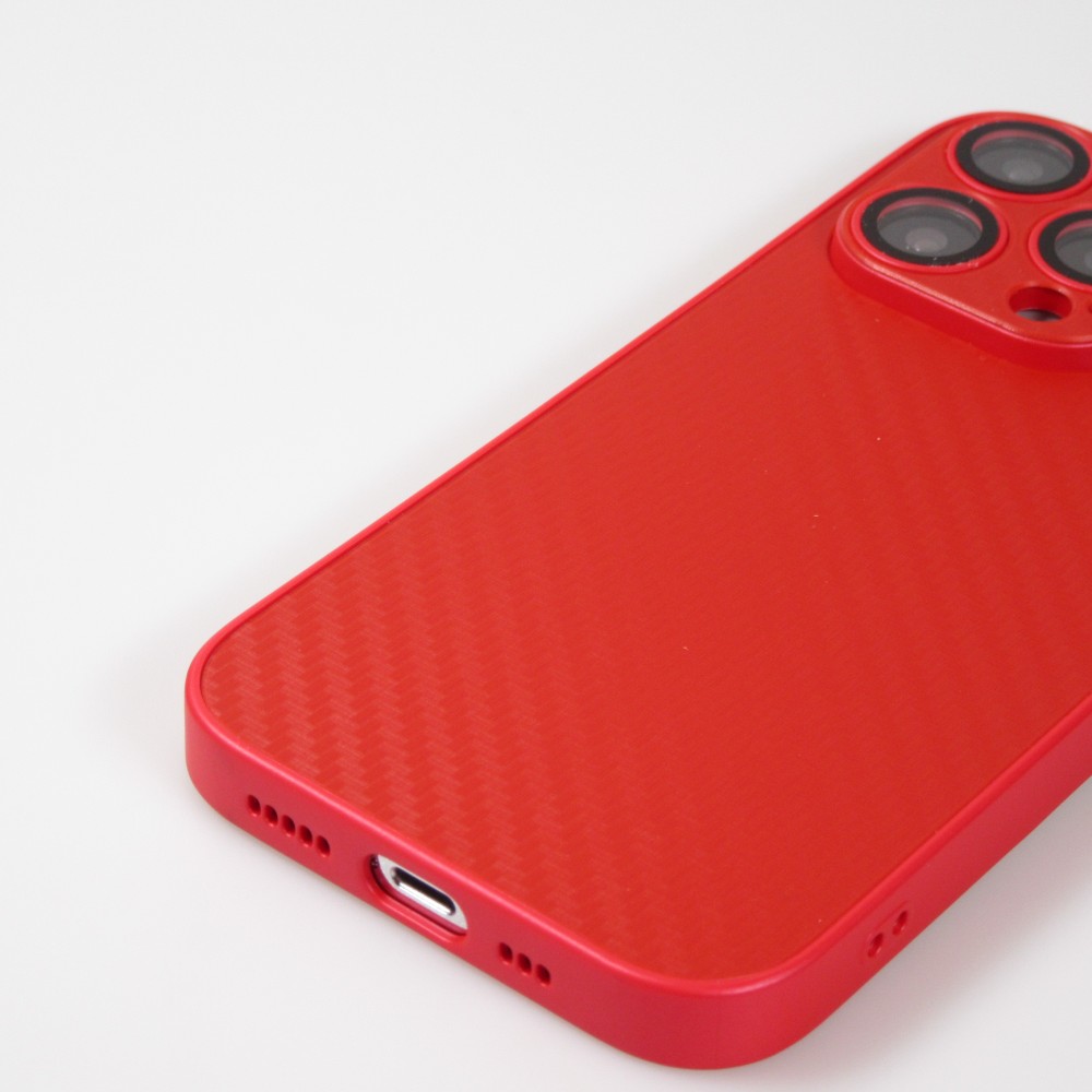 Coque iPhone 14 Pro Max - Silicone rigide look fibre de carbone + protection caméra - Rouge