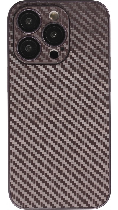 Coque iPhone 14 Pro - Silicone rigide look fibre de carbone + protection caméra - Violet foncé