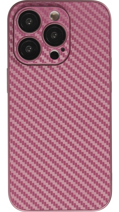 Coque iPhone 14 Pro - Silicone rigide look fibre de carbone + protection caméra - Violet