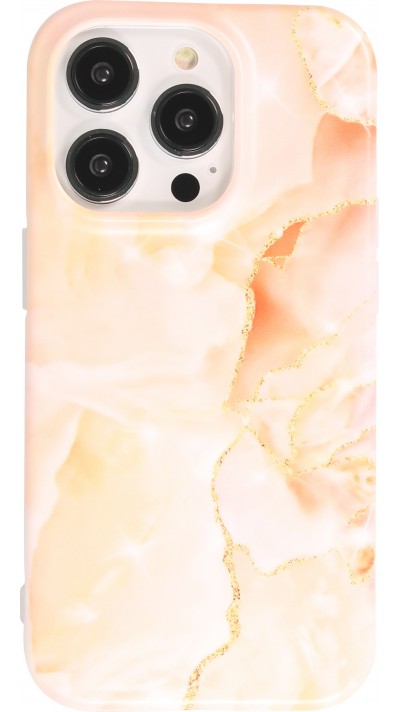 Coque iPhone 14 Pro - Silicone rigide mat avec effet marbre imprimé - Orange saumon