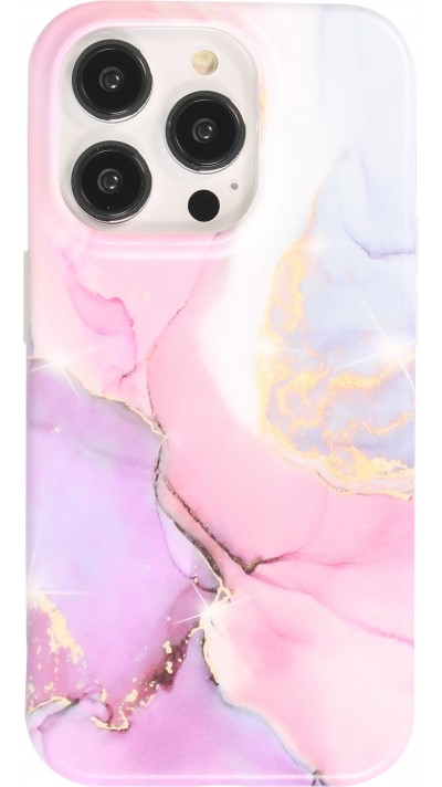 iPhone 14 Pro Case Hülle - Mattes Silikon mit aufgedrucktem Marmoreffekt - Rosa lila