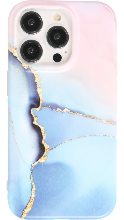 Coque iPhone 14 Pro - Silicone rigide mat avec effet marbre imprimé - Bleu rose