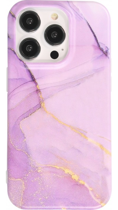 Coque iPhone 14 Pro - Silicone rigide mat avec effet marbre imprimé - Violet