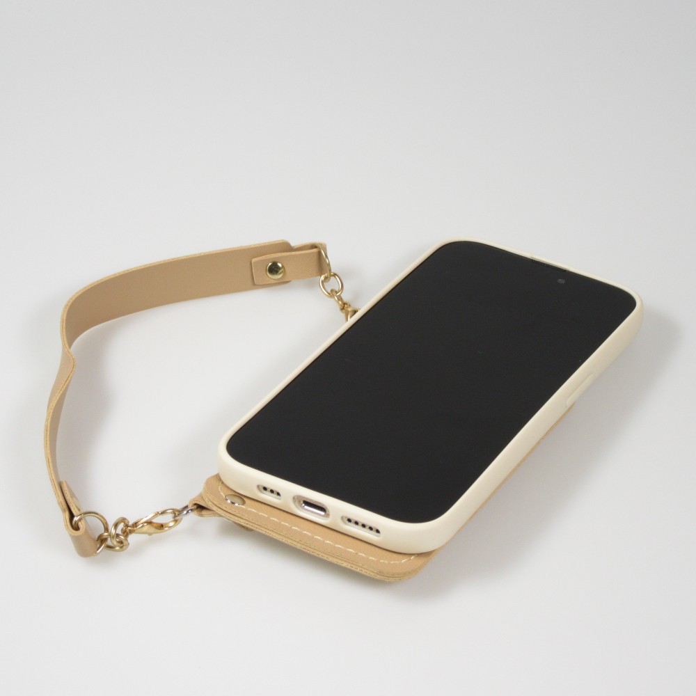 Coque iPhone 14 Pro Max - Silicone soft touch avec pochette à cartes ou argent en cuir et lanière intégrée - Beige