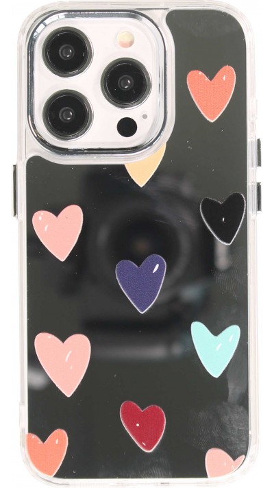 iPhone 14 Pro Case Hülle - Transparentes Silikon Many Hearts mit Spiegeleffekt