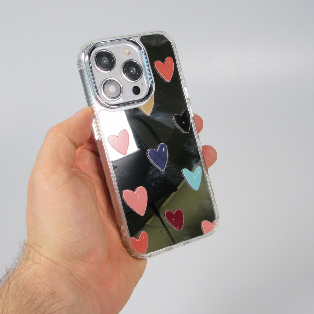 Coque iPhone 14 Pro Max - Silicone transparent Many Hearts avec effet miroir