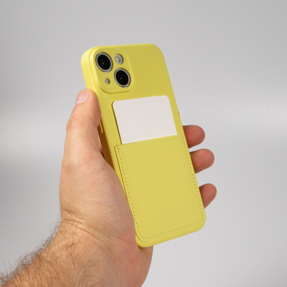 Coque iPhone 14 Plus - Silicone lisse avec compartiment pour carte & protection caméra - Jaune