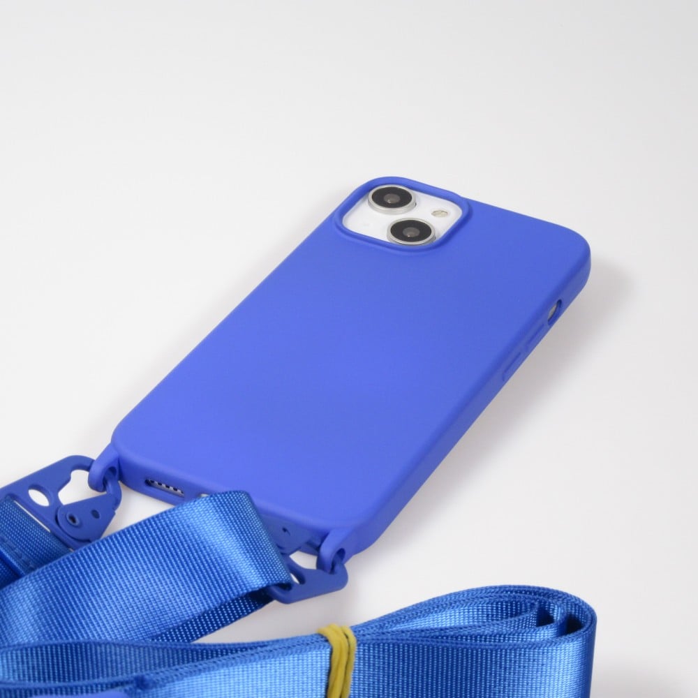 Coque iPhone 14 - Silicone mat avec lanière et mousqueton en fer - Bleu