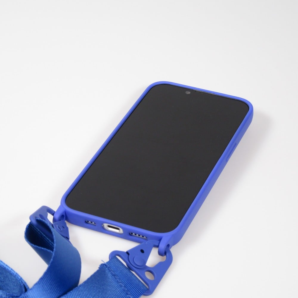 Coque iPhone 14 - Silicone mat avec lanière et mousqueton en fer - Bleu