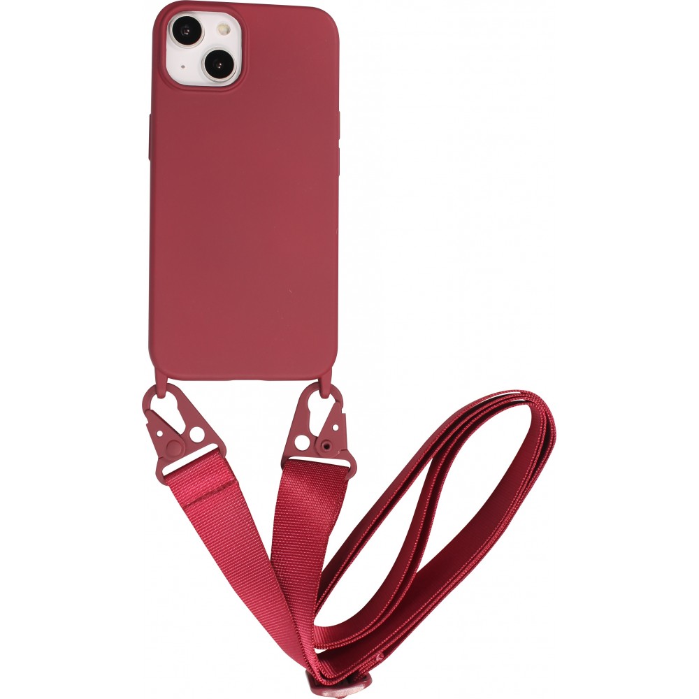 Coque iPhone 14 - Silicone mat avec lanière et mousqueton en fer - Burgundi