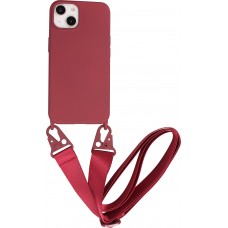 Coque iPhone 14 - Silicone mat avec lanière et mousqueton en fer - Burgundi