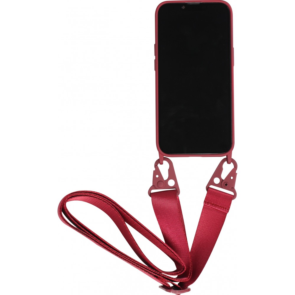 Coque iPhone 14 - Silicone mat avec lanière et mousqueton en fer - Burgundi