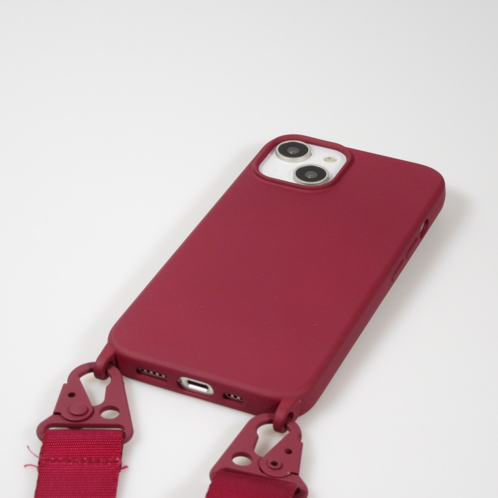 Coque iPhone 14 - Silicone mat avec lanière et mousqueton en fer - Burgundi