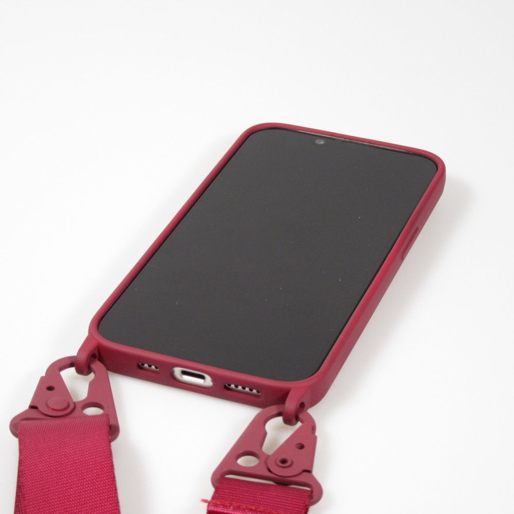 Coque iPhone 14 - Silicone mat avec lanière et mousqueton en fer - Burgundi