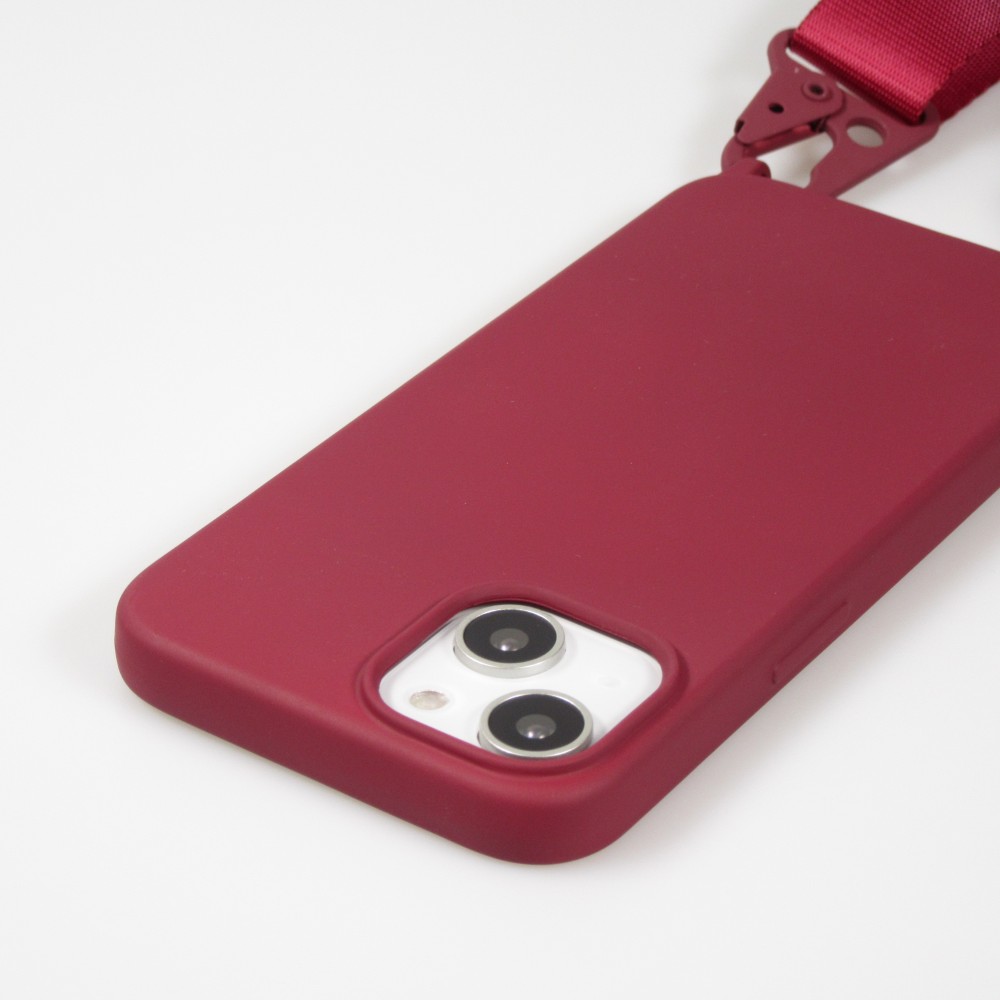 Coque iPhone 14 - Silicone mat avec lanière et mousqueton en fer - Burgundi