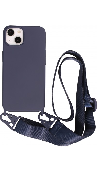 Coque iPhone 14 - Silicone mat avec lanière et mousqueton en fer - Midnight Blue