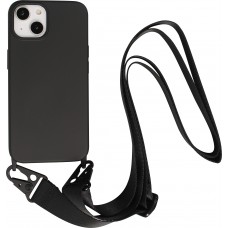 Coque iPhone 14 - Silicone mat avec lanière et mousqueton en fer - Noir